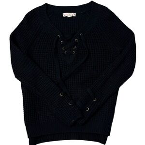 It's Our Time Black V-Neck Lace-Up Sweater